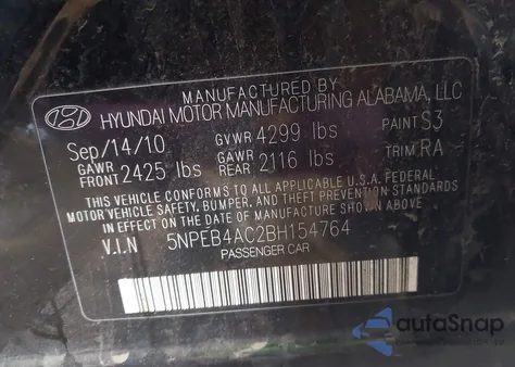 2011 Hyundai Sonata Gls from USA, damaged, VIN 5NPEB4AC2BH154764